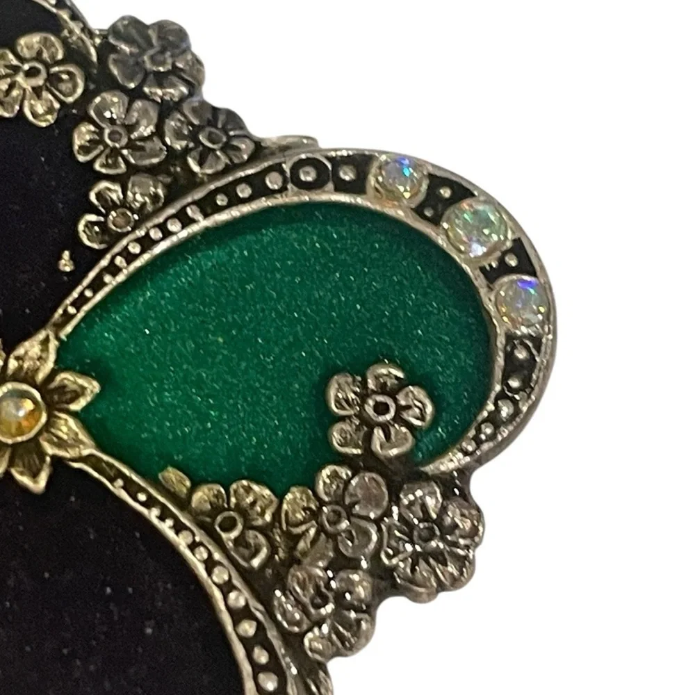 Catherine Popesco Square Black Green Enamel Crystal Pin Brooch VINTAGE FRANCE